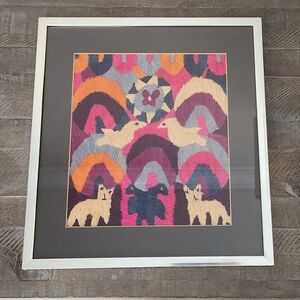 Vintage 1980 Guatamalan Hand Made Wool Embroidery Textile Art in Glass Frame